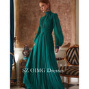 OIMG Gorgeous Fashion High Neck Green Prom Dresses Puff Sleeves Customized Elegant Satin Vintage Gowns Formal Party Dress