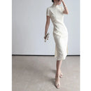 High-end Short Sleeved Cheongsam Dress Elegant Fashion Summer New Exquisite Jacquard White Temperament Celebrity Stand Collar