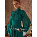 OIMG Gorgeous Fashion High Neck Green Prom Dresses Puff Sleeves Customized Elegant Satin Vintage Gowns Formal Party Dress