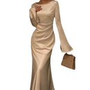 New Autumn Elegant Solid Dress Women Flare Sleeve Slim Mermaid Spring New French Vintage Wedding Party 2024