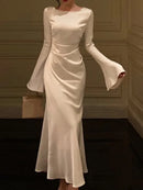 New Autumn Elegant Solid Dress Women Flare Sleeve Slim Mermaid Spring New French Vintage Wedding Party 2024