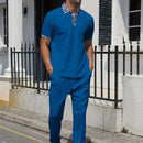 2025 new men's summer trend two-piece waffle collar short sleeve pants Business casual loose short sleeve + pants suit