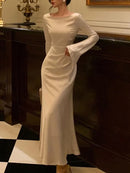 New Autumn Elegant Solid Dress Women Flare Sleeve Slim Mermaid Spring New French Vintage Wedding Party 2024