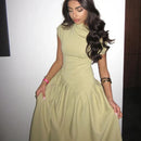 Irregular Elegant Pleated Midi Dress For Women Fashion Street Short Sleeve Patchwork Long Dress Casual Office Lady Neck Vestidos