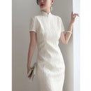 High-end Short Sleeved Cheongsam Dress Elegant Fashion Summer New Exquisite Jacquard White Temperament Celebrity Stand Collar