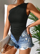 Sexy One Shoulder Ruched Asymmetrical Hem Top Women Summer Casual Solid Color Pleated Sleeveless Tee Top Streetwear Y2K