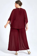 Women's Plus Size Formal Burgundy Chiffon Ruffle Sleeve Cut Out Wide Leg Two Piece Pant Suit Casual Office Lady Matching Sets