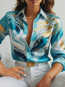 Women's Elegant Marble Print Long Sleeve Work Shirt Spring & Summer Long Sleeve Tops