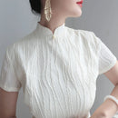 High-end Short Sleeved Cheongsam Dress Elegant Fashion Summer New Exquisite Jacquard White Temperament Celebrity Stand Collar
