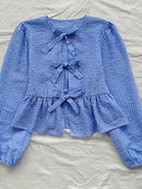 Round Neck Bow Decoration Casual Holiday Long Sleeve Shirt Women's Cute Bow Pom Pom Spring Spring Long Sleeve Top