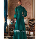 OIMG Gorgeous Fashion High Neck Green Prom Dresses Puff Sleeves Customized Elegant Satin Vintage Gowns Formal Party Dress