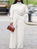 Plus Size VONDA Women Autumn High Neck Suits Solid Color Long Sleeve Matching Sets Elegant Split And Wide Leg Long Trousers 2PCs