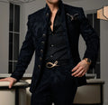 Patterned Black Men's Suit 2-piece Jacket Pants Wedding Groom Tuxedo Stand Collar Blazer Classic Jacquard Outfit
