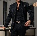 Patterned Black Men's Suit 2-piece Jacket Pants Wedding Groom Tuxedo Stand Collar Blazer Classic Jacquard Outfit