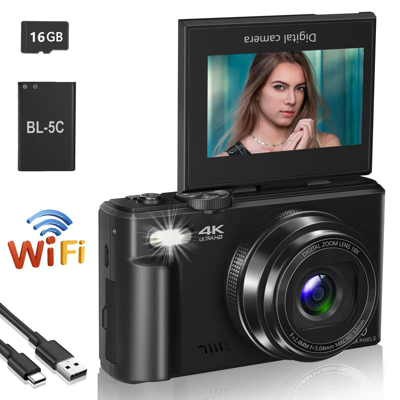 4K compact digital photography camera, 18x digital zoom, vintage vlog video recorder for YouTube, 180° flip screen, WiFi webcam