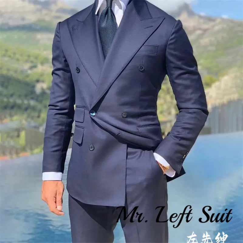 Double Breasted Men's Suit Wide Peak Lapel Wedding Grooms Tuxedos 2 Pieces Business Men Suits