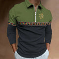 Mens Polo Shirts Retro Color Blocking Print Fashion Sport Lapel Golf Wear Men's T-Shirt Tops Casual Zipper Long Sleeve Clothing