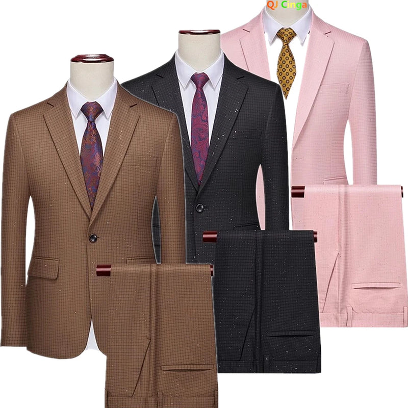Asian Size Slim Men's Suit Two Piece, Asian Size Jacket and Trousers, Black, Pink, Coffee Colors Available, Blazer with Pants