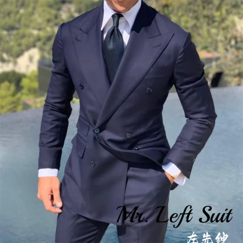 Double Breasted Men's Suit Wide Peak Lapel Wedding Grooms Tuxedos 2 Pieces Business Men Suits