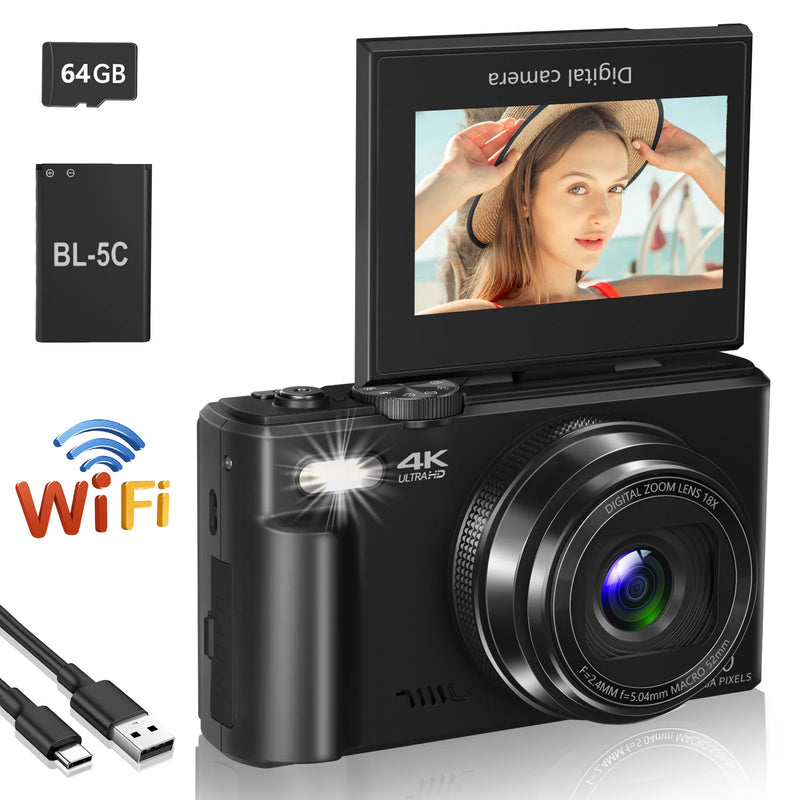 4K compact digital photography camera, 18x digital zoom, vintage vlog video recorder for YouTube, 180° flip screen, WiFi webcam