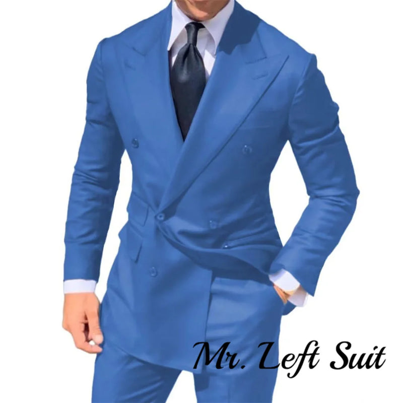 Double Breasted Men's Suit Wide Peak Lapel Wedding Grooms Tuxedos 2 Pieces Business Men Suits