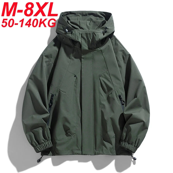جاكيت رجالي بغطاء للرأس ومقاوم للرياح ومعاطف خندق كبيرة الحجم 6XL 7XL 8XL مقاس كبير مقاوم للماء أسود اللون للتخييم فضفاض ورقيق وناعم 
